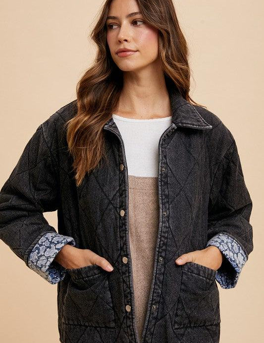 Black XL Annie Wear Quilted Printed Lining Snap Down Denim Jacket | Tops Daverri Fashions