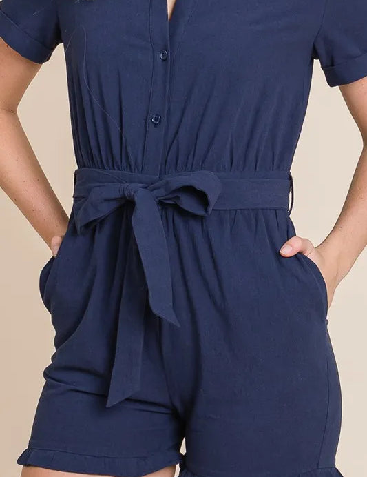 Lime 'N' Chili Collared Button Down Romper with Tie Belt | Rompers Daverri Fashions