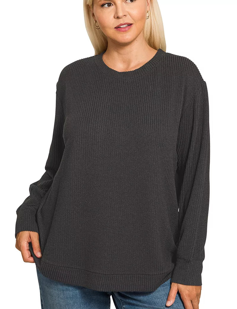 Zenana Full Size Raised Rib Round Neck Long Sleeve Top Plus Size | Tops Daverri Fashions