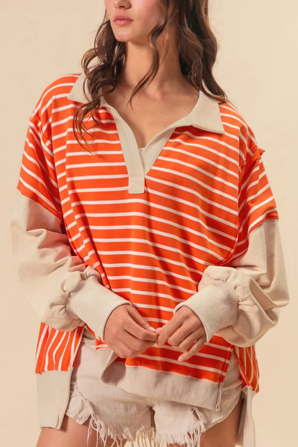 Striped Johnny Collar Long Sleeve Sweatshirt | Sweatshirts Daverri Fashions