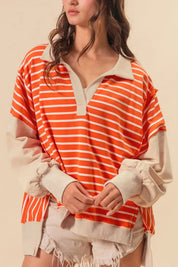 Striped Johnny Collar Long Sleeve Sweatshirt | Sweatshirts Daverri Fashions
