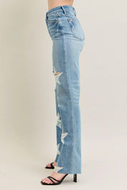Judy Blue Full Size High Waist Rigid Magic Star Shaped Destroy 90's Straight Jeans Plus Size | Jeans Daverri Fashions