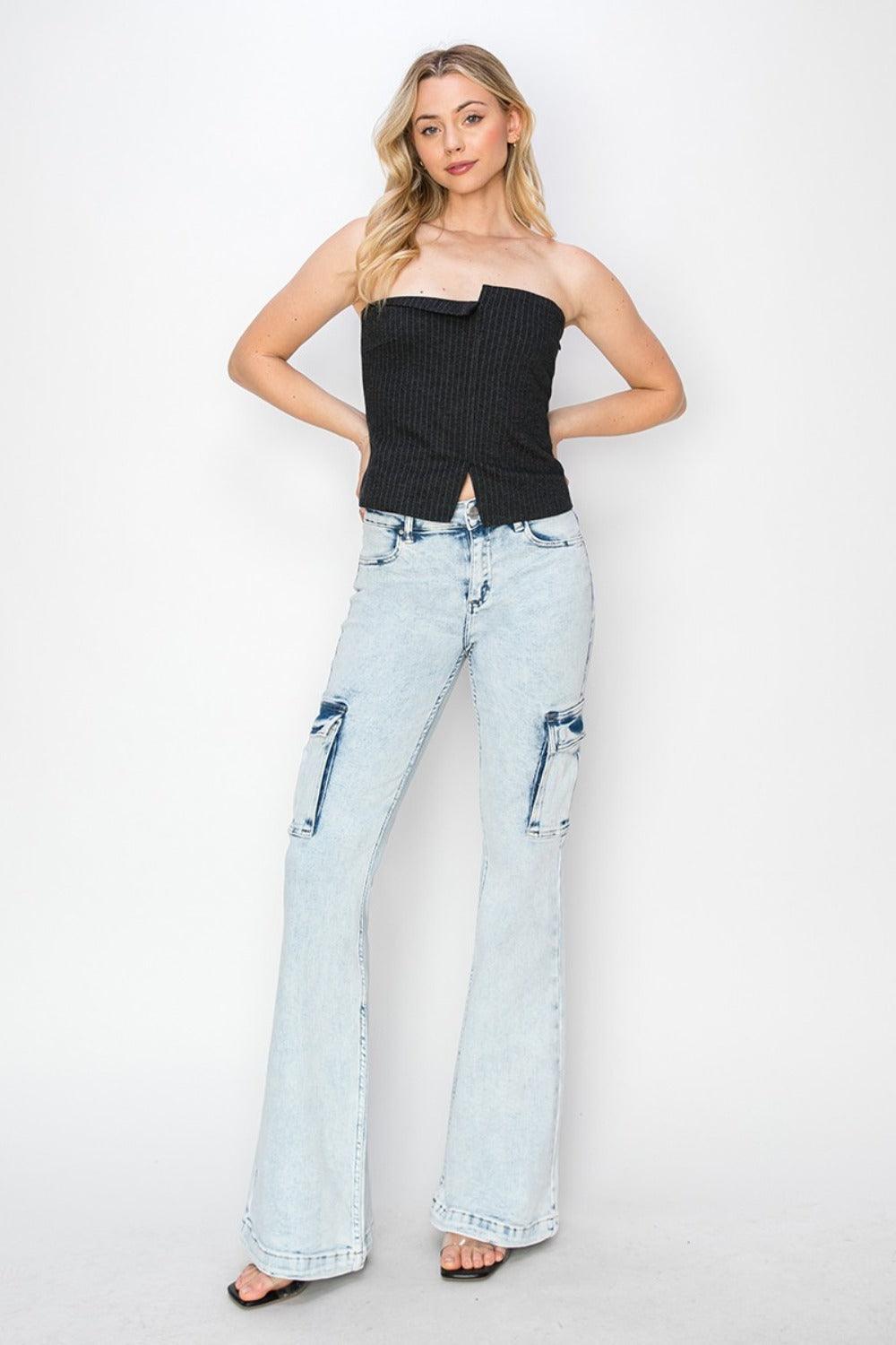 RISEN Full Size High Rise Cargo Flare Jeans | Cargo Jeans Daverri Fashions
