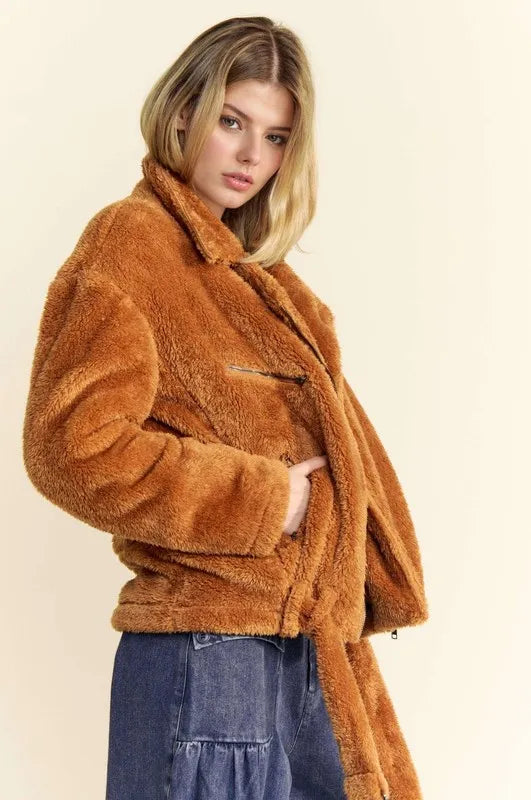 Davi & Dani Fuzzy Zip Up Collared Neck Jacket | Daverri Fashions