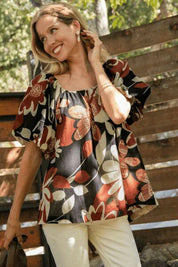 Umgee Full Size Print Round Neck Puff Sleeve Top Plus Size | Tops Daverri Fashions