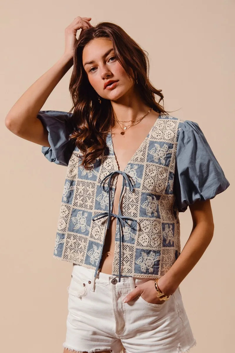 SO ME Crochet Lace Tie Front V Neck Blouse Top | Daverri Fashions