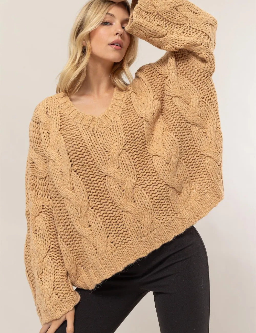 Taupe HYFVE Cable Knit V-Neck Sweater | Sweaters Daverri Fashions