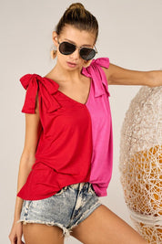 BiBi Shoulder Ribbon Tied Contrast Tank | Tank Tops Daverri Fashions