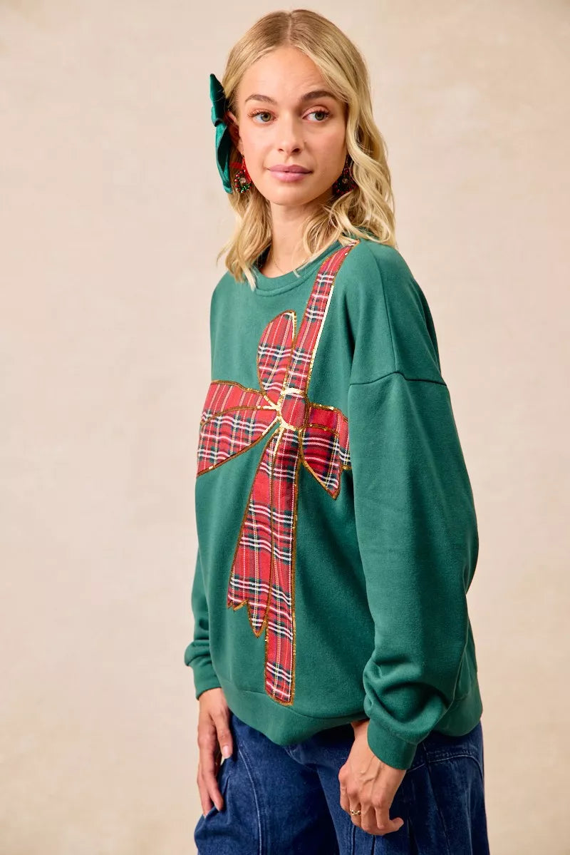 BiBi Plaid Ribbon Bow Detail Christmas Fleece Pullover | Sweatshirts Daverri Fashions