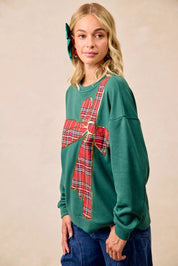BiBi Plaid Ribbon Bow Detail Christmas Fleece Pullover | Sweatshirts Daverri Fashions