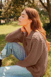 SO ME Notched Collar Wavy Texture Sweater Top | Sweaters Daverri Fashions
