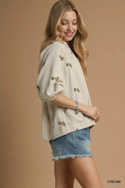 Umgee Corduroy Floral Embroidered Puff Sleeve Blouse | Blouses Daverri Fashions