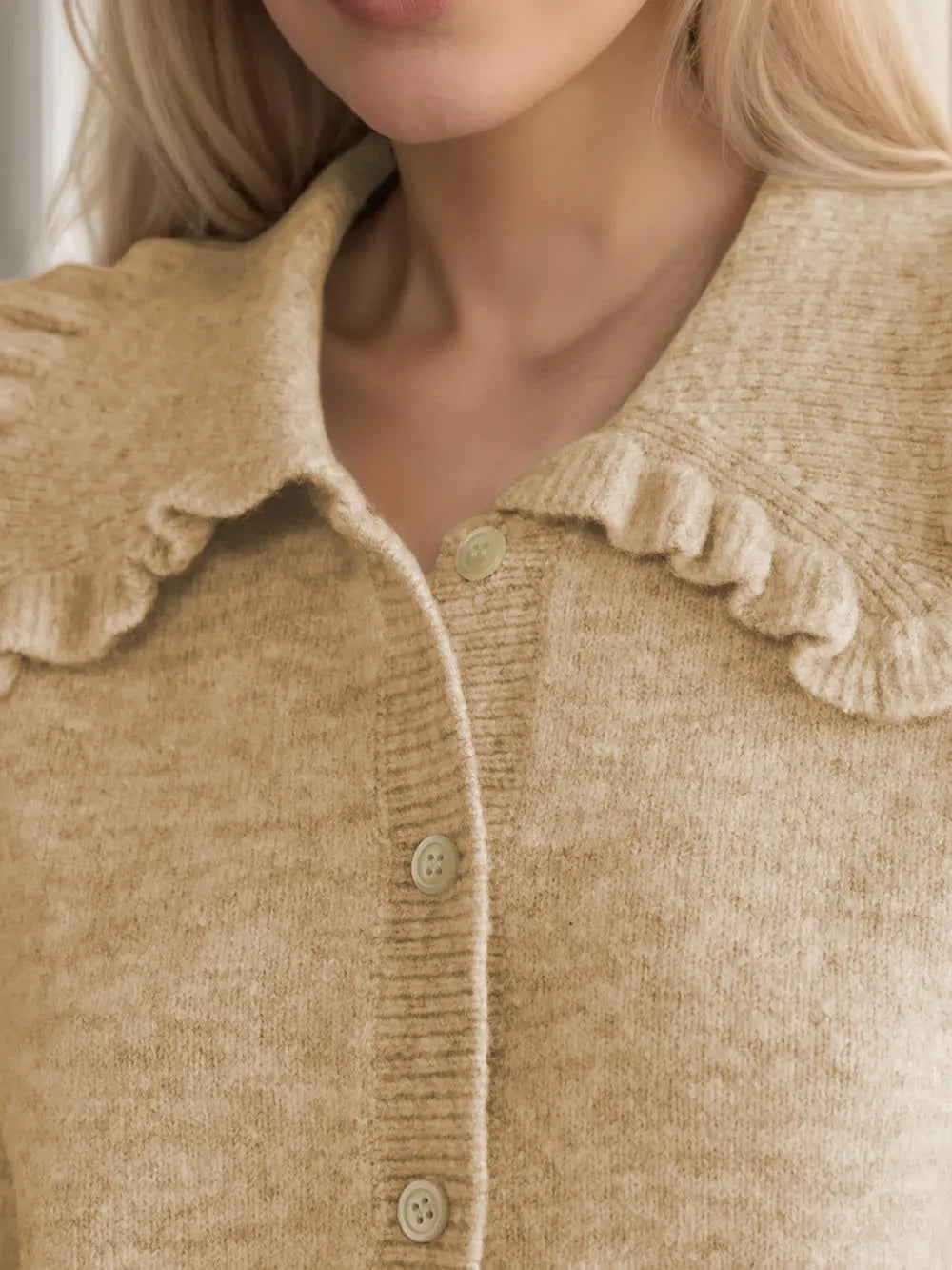 Frill Button Up Collared Neck Long Sleeve Cardigan | Cardigans Daverri Fashions
