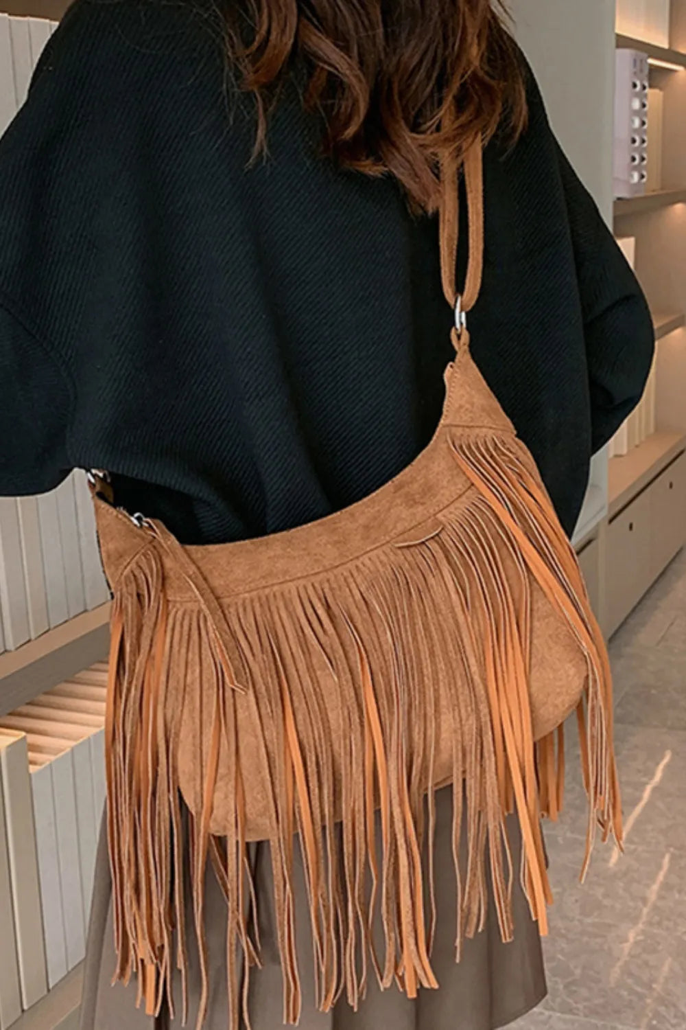 Suede Fringe Adjustable Strap Shoulder Bag | Handbags Daverri Fashions