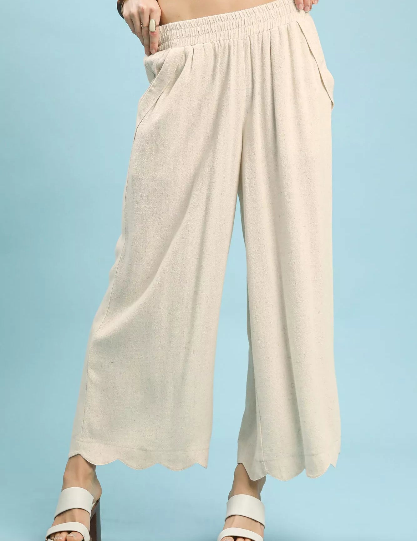 OATMEAL Umgee Linen Blend Scallop Hem Wide Leg Pants | Pants Daverri Fashions