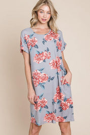 Grey BOMBOM Floral Round Neck Short Tee Dress with Pockets | Daverri Fashions
