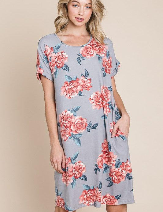 Grey BOMBOM Floral Round Neck Short Tee Dress with Pockets | Daverri Fashions