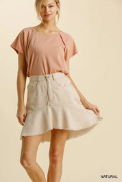 NATURAL Umgee Linen Blend 5 Pockets High Low Skirt with Frayed Hem | Daverri Fashions