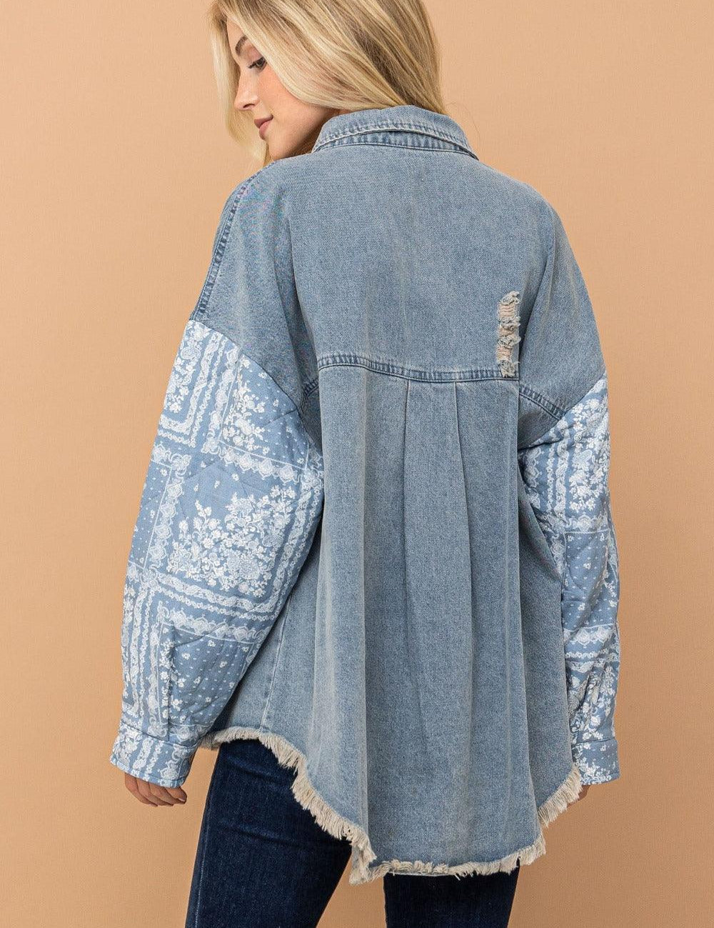 And The Why Full Size Paisley Print Quilted Sleeves Denim Jacket | Daverri Fashions