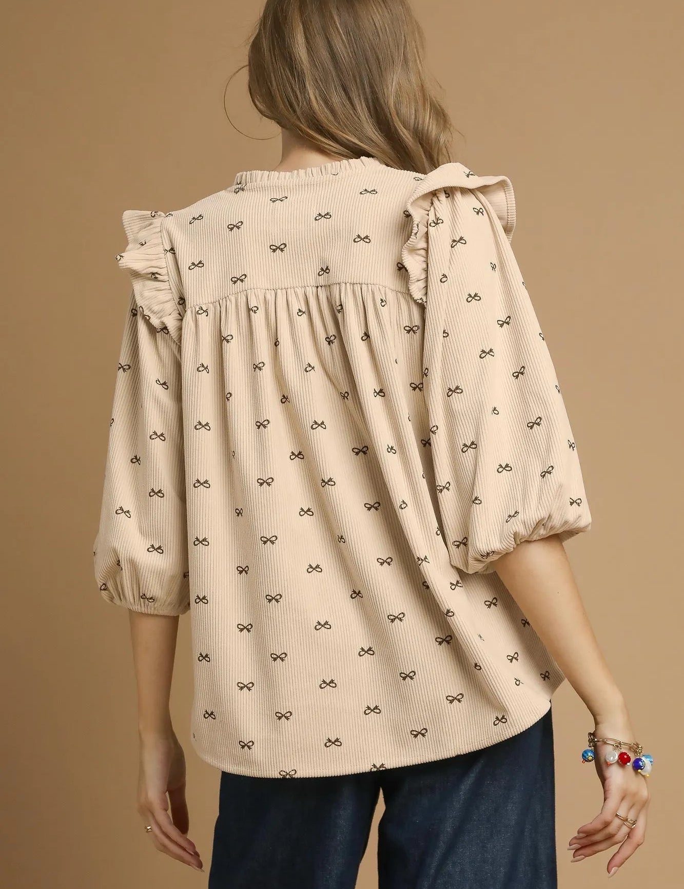 Umgee Bow Print Corduroy Puff Sleeve Blouse with Ruffled | Daverri Fashions