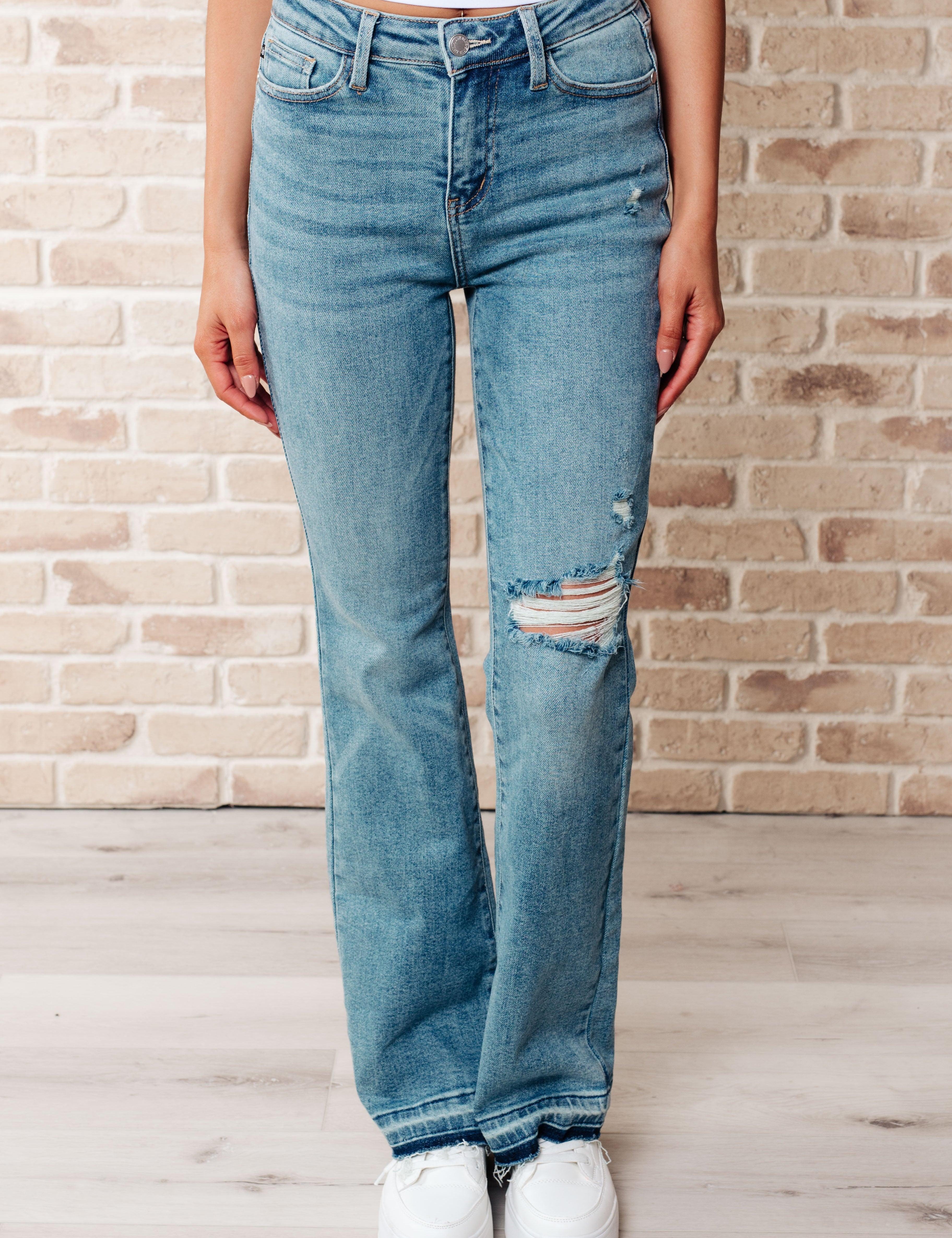 Isla Mid Rise Distressed Released Hem Bootcut Jeans | Womens Daverri Fashions