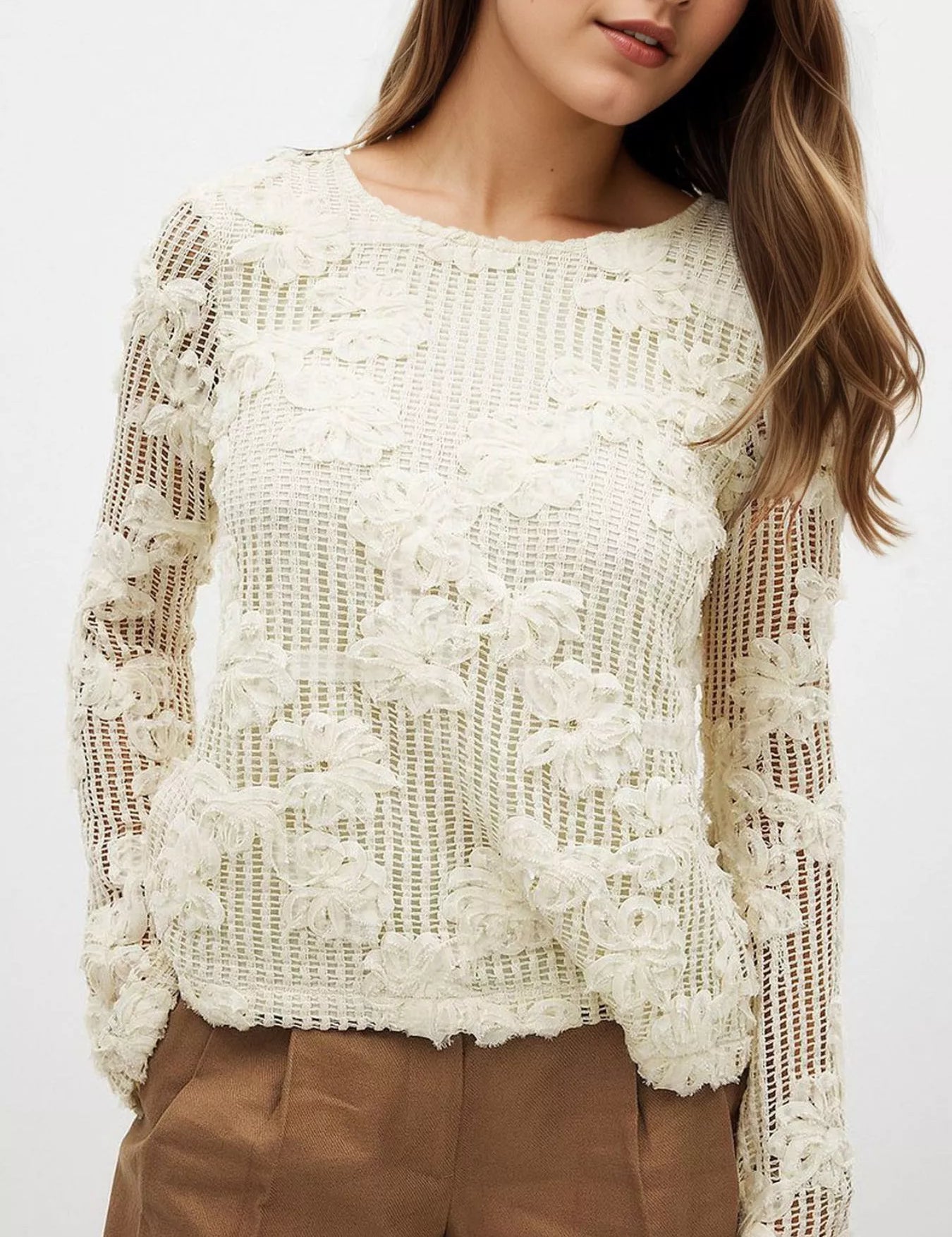 White Openwork Tied Back Long Sleeve Blouse | Blouses Daverri Fashions