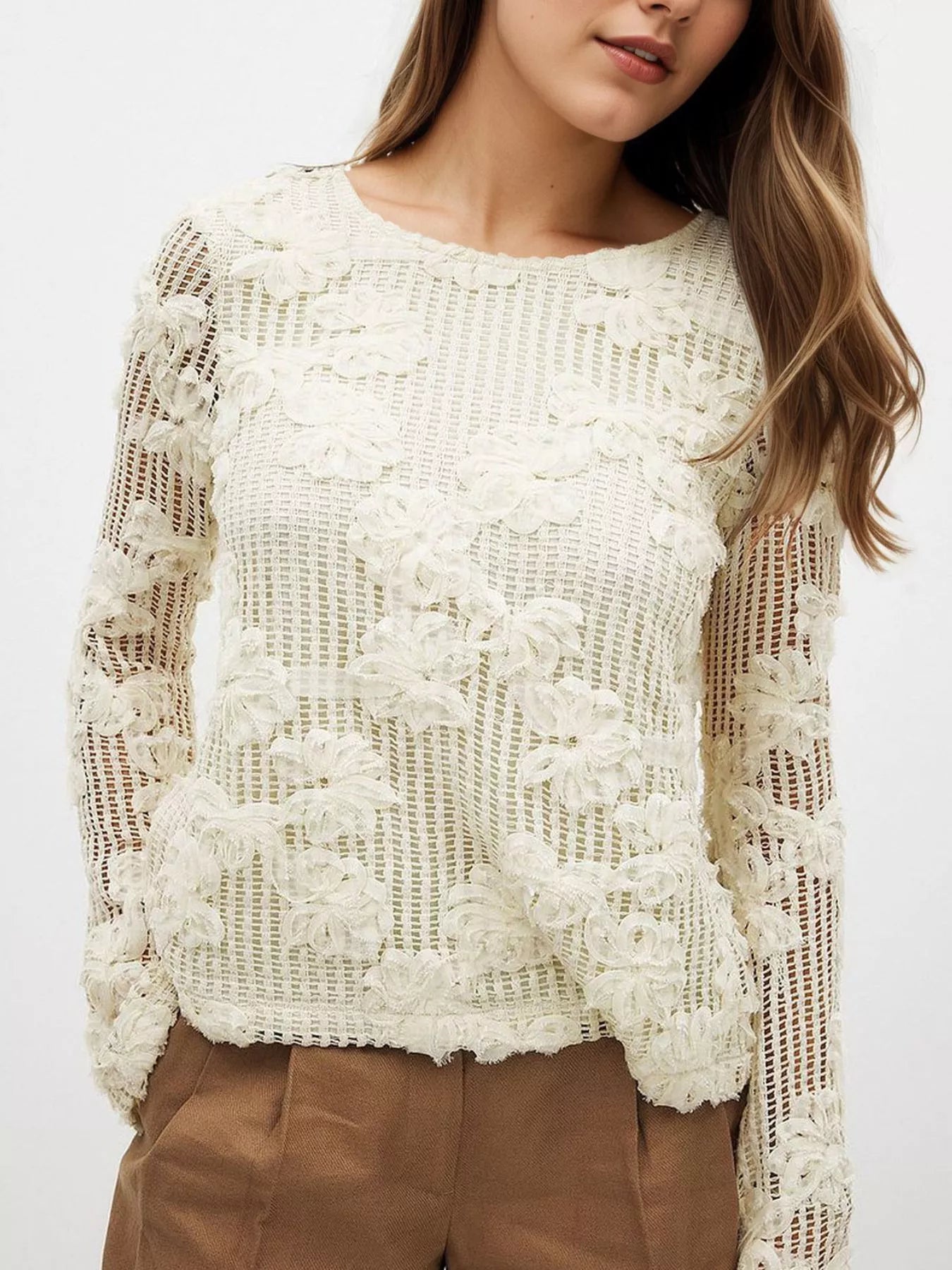 White Openwork Tied Back Long Sleeve Blouse | Blouses Daverri Fashions
