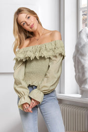 SAGE ADORA Smocking Blouse with Eyelet Lace Ruffle | Daverri Fashions
