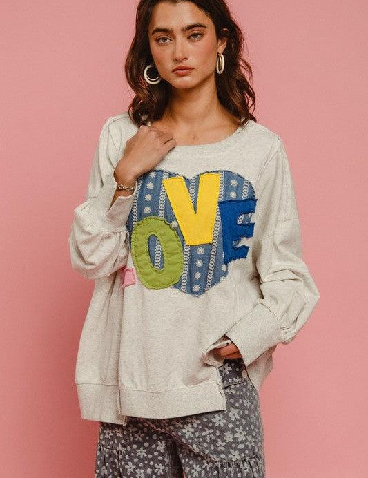 BiBi LOVE Heart Patch Slit French Terry Sweatshirt | Sweatshirts Daverri Fashions