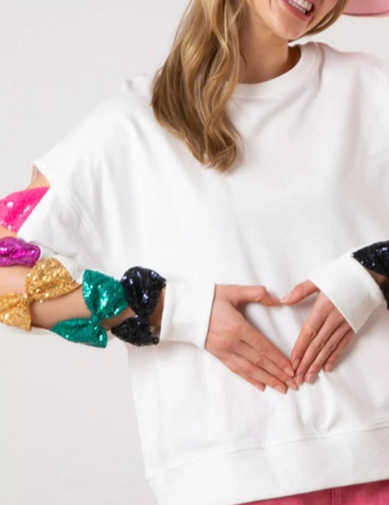 White Sequin Bow Cutout Round Neck Sweatshirt | Sweatshirts Daverri Fashions