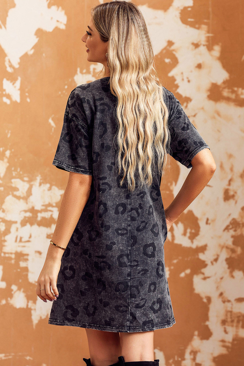 Leopard Round Neck Dropped Shoulder Dress with Pockets | Mini Dresses Daverri Fashions