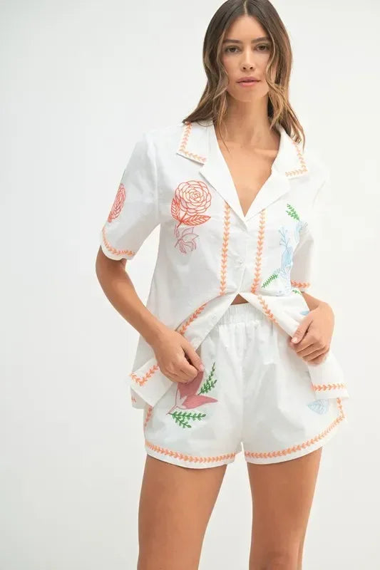 MABLE Embroidered Button Down Shirt and Shorts Set - DAVERRI FASHIONS