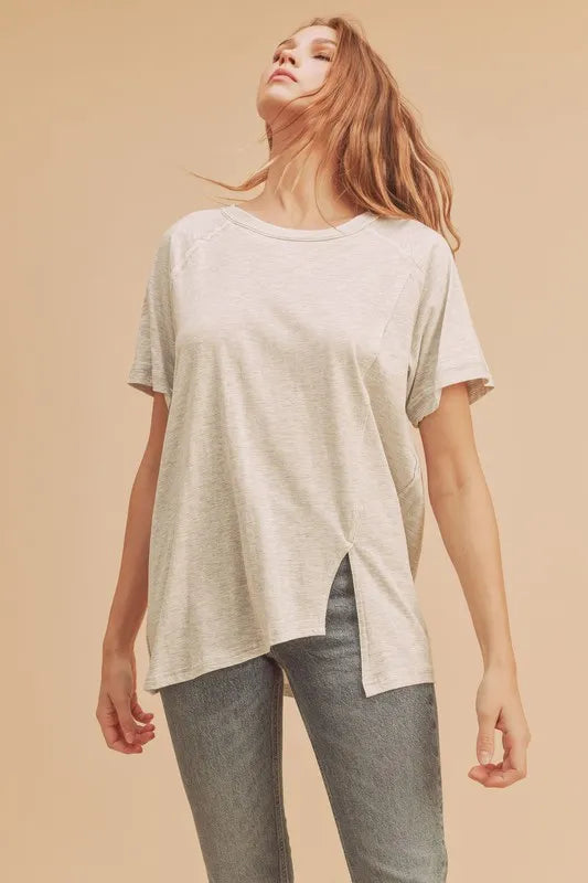 Light Gray Aemi + Co Asymmetrical Front Slit Round Neck Raglan Sleeve T-Shirt | T-Shirts Daverri Fashions