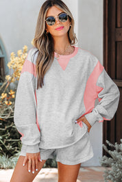 Light Grey 65%Polyester+35%Cotton Light Grey Color Block Raw Hem Pullover and Casual Shorts Set | Outfit Sets Daverri Fashions