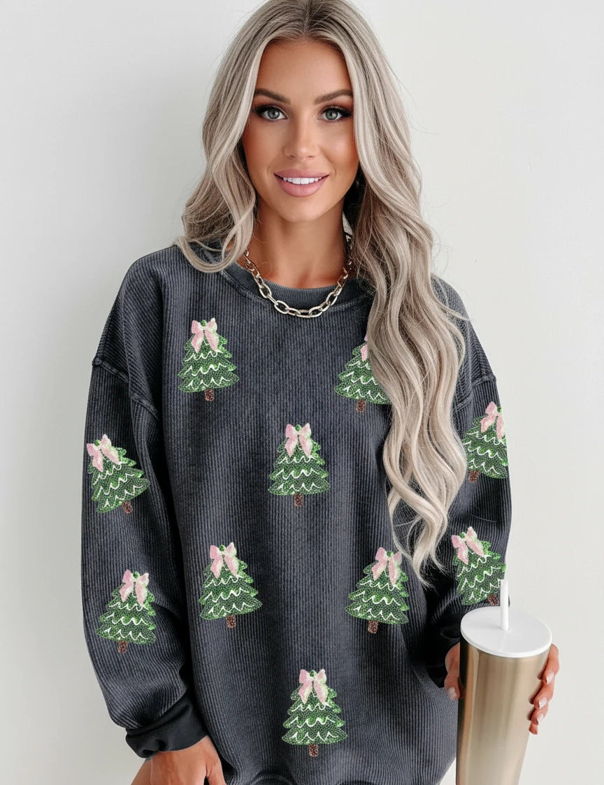 Dark Gray Ribbed Round Neck Sequin Christmas Tree Patched Baggy Sweatshirt | Sweatshirts Daverri Fashions