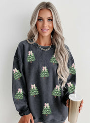 Dark Gray Ribbed Round Neck Sequin Christmas Tree Patched Baggy Sweatshirt | Sweatshirts Daverri Fashions