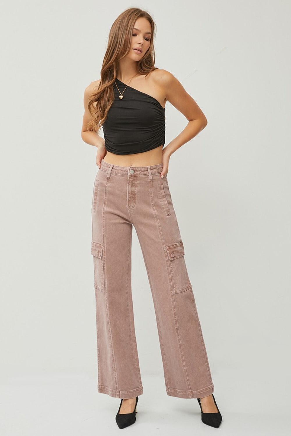 RISEN Full Size High Rise Wide Leg Cargo Jeans | Cargo Jeans Daverri Fashions