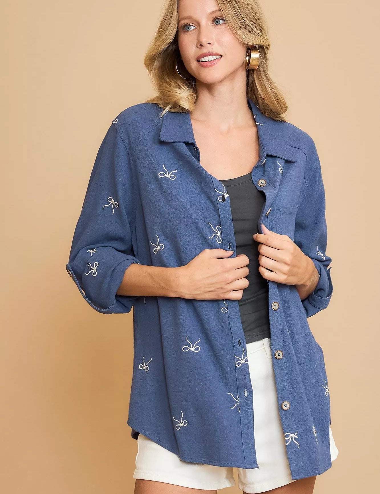 Umgee Linen Blend Fitted Shirt with Ribbon Embroidery Details | Shirts Daverri Fashions