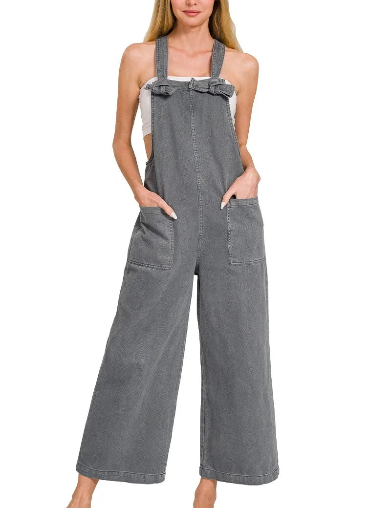 ASH BLACK Zenana Washed Knot Strap Pockets Jumpsuit | Jumpsuits Daverri Fashions