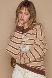 POL Star Patch Stripe Round Neck Sweater | Sweaters Daverri Fashions