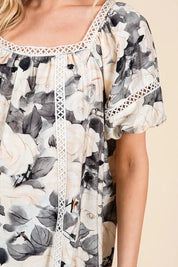 Lime 'N' Chili Floral Print Lace Trim Puff Sleeve Blouse | Daverri Fashions