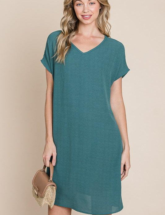 BOMBOM V-Neck Short Sleeve Dress with Pockets | Daverri Fashions