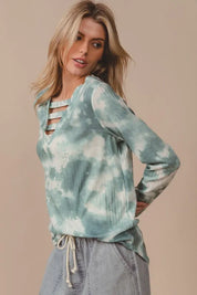 BiBi Variegated Tie Dye Rib V-Neck Top with Strapped | Tops Daverri Fashions