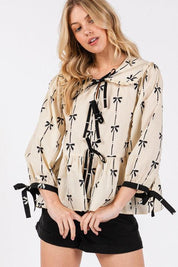 SAGE + FIG Bow Print Tie Front Babydoll Blouse | Blouses Daverri Fashions