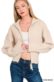 Zenana Ribbed Collared Zip Up Sweater Cardigan | Daverri Fashions