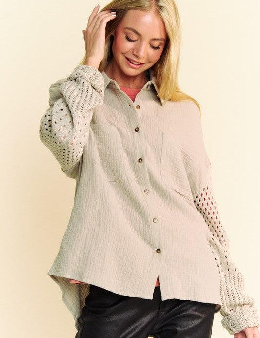 Khaki Davi & Dani Crochet Sleeve Crinkled Texture Shirt | Tops Daverri Fashions
