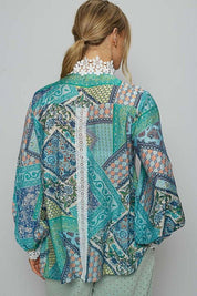 POL Lace Detail Printed Button Down Shirt | Daverri Fashions