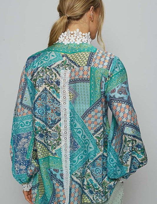 POL Lace Detail Printed Button Down Shirt | Daverri Fashions
