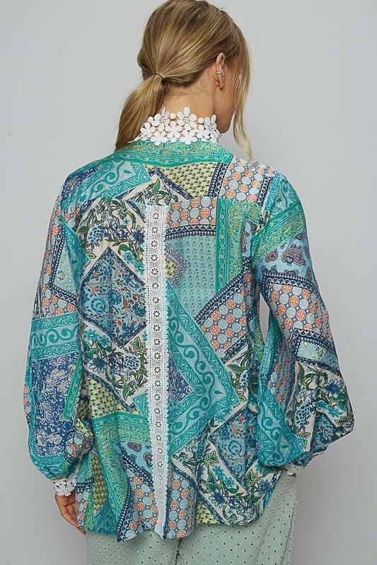 POL Lace Detail Printed Button Down Shirt | Daverri Fashions