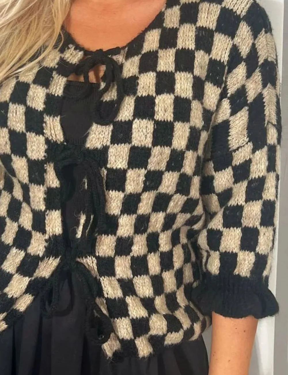 Double Take Tied Checkered Dropped Shoulder Flounce Sleeve Cardigan | Cardigans Daverri Fashions